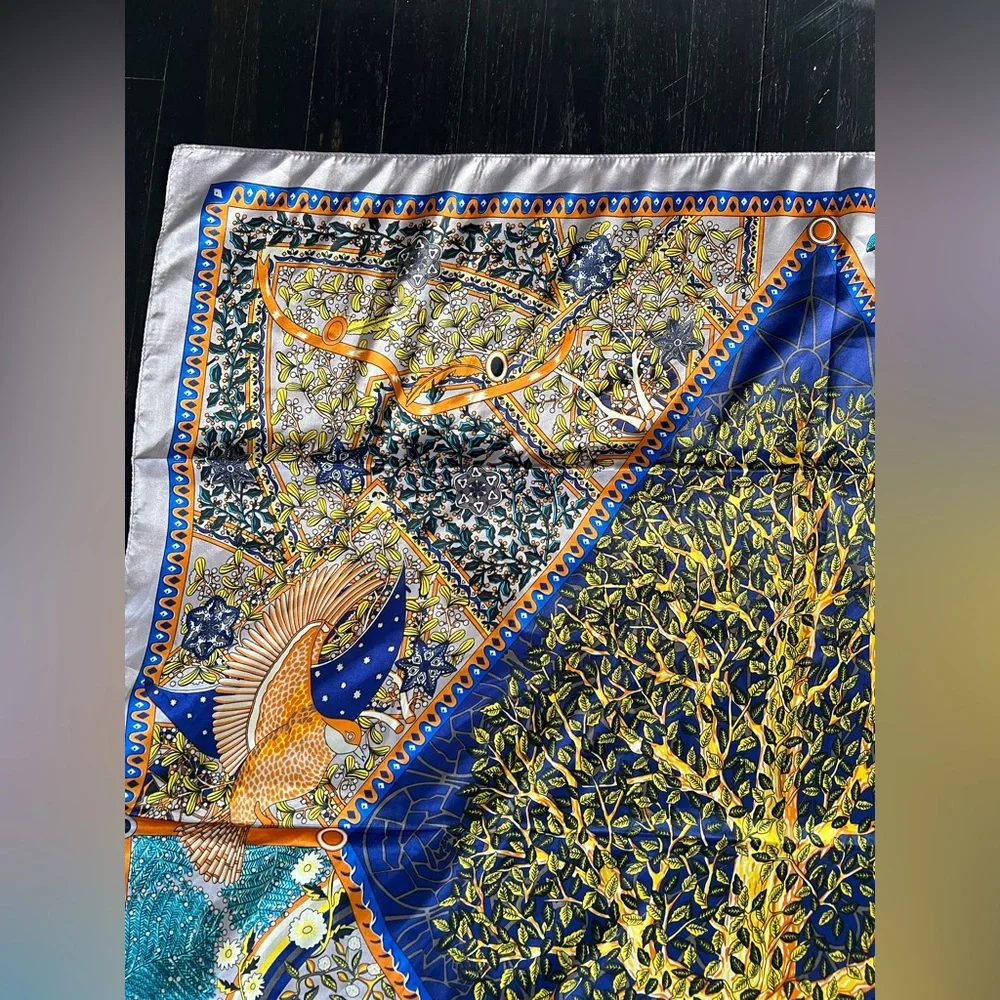 Elegant Blue and Gold Tree of Life Scarf 100% silk